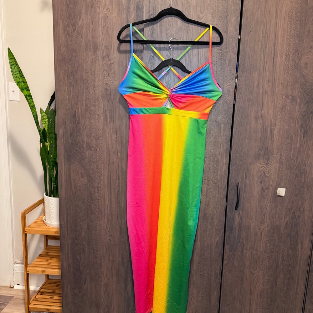 Small Rainbow Tie Dye Maxi Dress Spaghetti Strap Cutout Twist Front‎ Crisscross